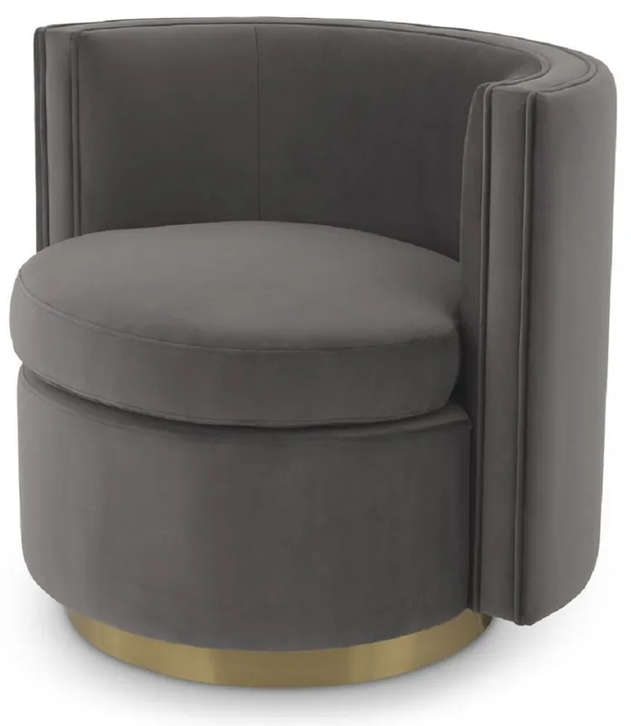 Casa Padrino Luxus Drehsessel Grau / Matt Gold 80 x 73 x H. 71,5 cm - Gepolsteter Wohnzimmer Sessel mit edlem Samtstoff - Luxus Möbel Ausverkauf