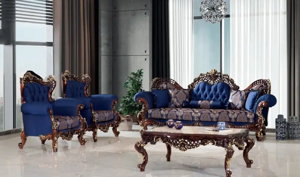 Casa Padrino Luxus Barock Wohnzimmer Set Blau / Dunkelbraun / Gold - 2 Sofas & 2 Sessel & 1 Couchtisch - Handgefertigte Wohnzimmer Möbel im Barockstil - Edel & Prunkvoll Online Kaufen