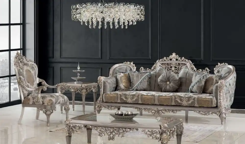 Casa Padrino Luxus Barock Wohnzimmer Set Grau / Silber / Gold - 2 Sofas & 2 Sessel & 1 Couchtisch & 2 Beistelltische - Handgefertigte Wohnzimmer Möbel im Barockstil - Edel & Prunkvoll Billig