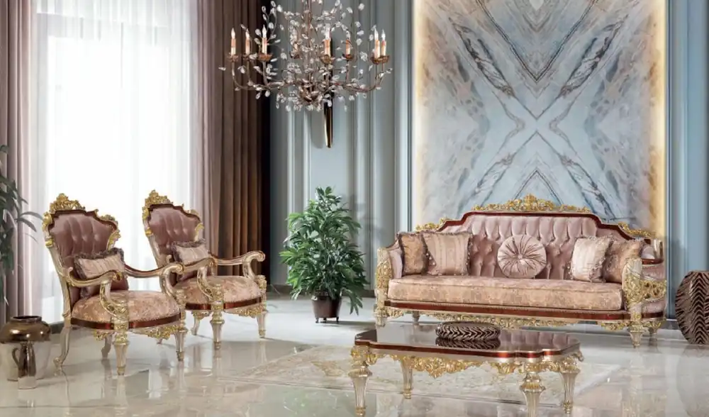 Bestpreis Casa Padrino Luxus Barock Wohnzimmer Set Rosa / Braun / Silber / Gold - 2 Sofas & 2 Sessel & 1 Couchtisch - Handgefertigte Wohnzimmer Möbel im Barockstil - Edel & Prunkvoll