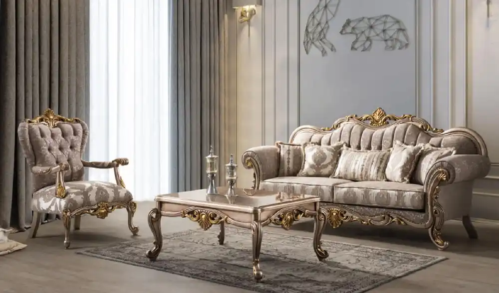 Casa Padrino Luxus Barock Wohnzimmer Set Grau / Silbergrau / Gold - 2 Sofas & 2 Sessel & 1 Couchtisch - Handgefertigte Wohnzimmer Möbel im Barockstil - Edel & Prunkvoll Sichere Zahlung