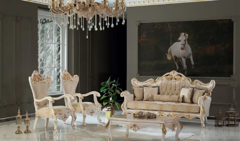 Casa Padrino Luxus Barock Wohnzimmer Set Beige / Weiß / Gold - 2 Sofas & 2 Sessel & 1 Couchtisch - Handgefertigte Wohnzimmer Möbel im Barockstil - Edel & Prunkvoll Wochenendangebot