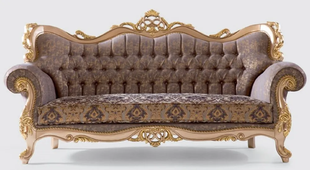 Casa Padrino Luxus Barock Sofa Lila / Grau / Gold 240 x 90 x H. 123 cm - Handgefertigtes Wohnzimmer Sofa mit elegantem Muster - Barock Wohnzimmer Möbel - Edel & Prunkvoll Finale Aktion