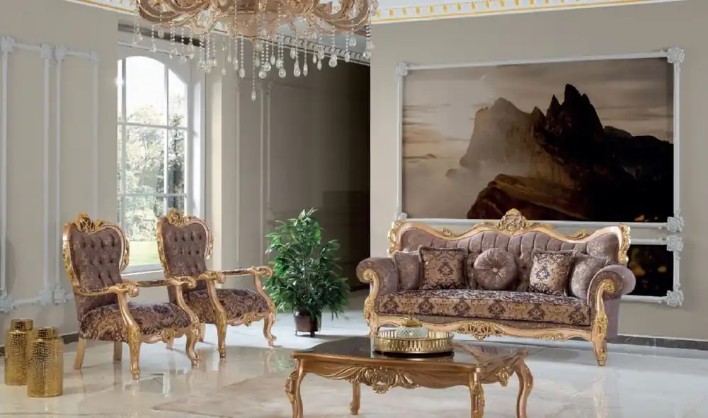Casa Padrino Luxus Barock Wohnzimmer Set Lila / Grau / Gold - 2 Sofas & 2 Sessel & 1 Couchtisch - Handgefertigte Wohnzimmer Möbel im Barockstil - Edel & Prunkvoll Markenware