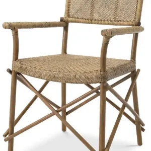 Casa Padrino Luxus Esszimmerstuhl Naturfarben 58,5 x 55,5 x H. 91,5 cm - Massivholz Stuhl mit Armlehnen und handgewebtem Rattangeflecht - Luxus Esszimmer Möbel Expressversand