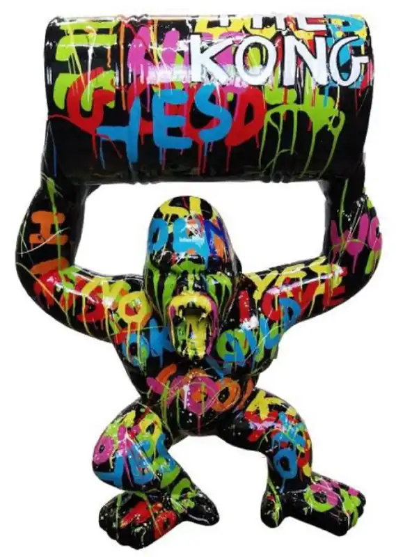 Casa Padrino Designer Deko Skulptur Gorilla Affe mit Fass Schwarz / Bunt H. 100 cm - Wetterbeständige Dekofigur - Designer Deko Tierfigur Super-Preis