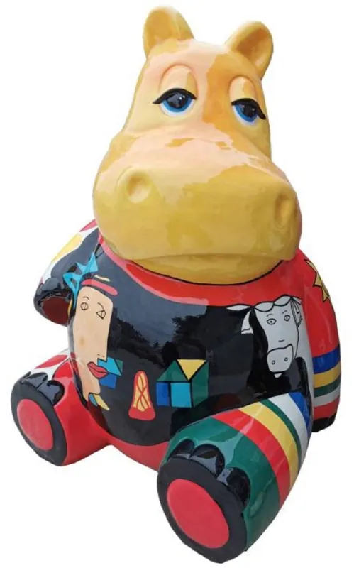 Casa Padrino Designer Deko Skulptur Sitzendes Nilpferd Mehrfarbig H. 100 cm - Wetterbeständige Dekofigur - Wohnzimmer Deko - Garten Deko - Terrassen Deko Finale Aktion