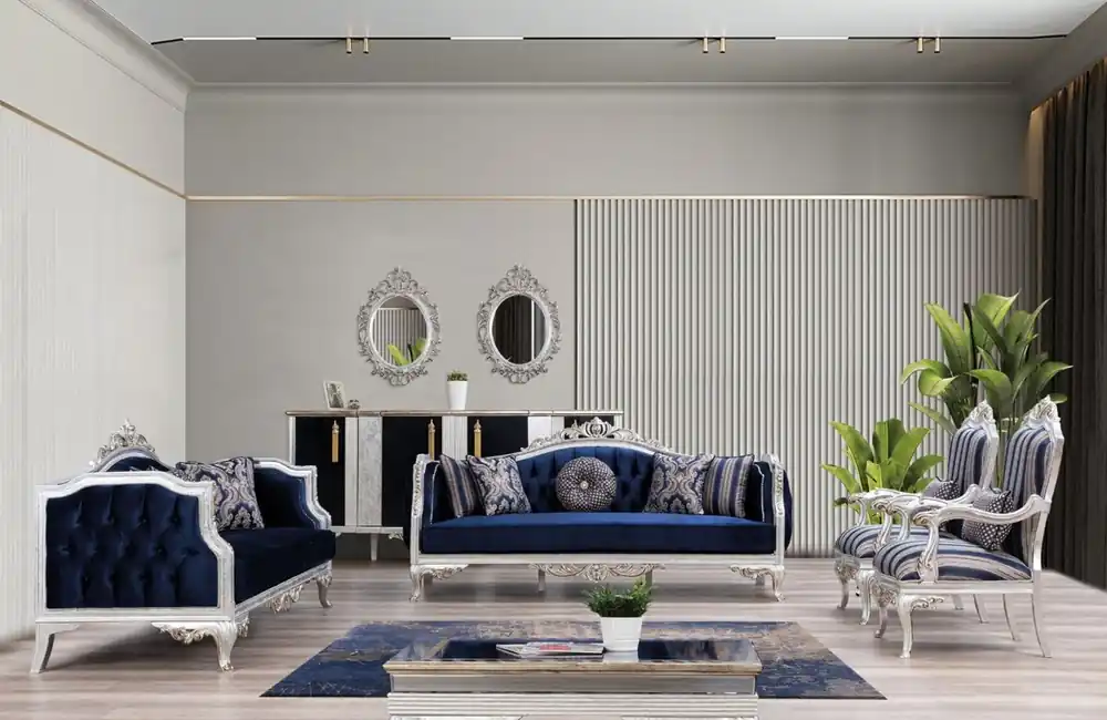 Casa Padrino Luxus Barock Wohnzimmer Set Blau / Silber / Gold - 2 Sofas & 2 Sessel & 1 Couchtisch - Wohnzimmer Möbel im Barockstil - Edel & Prunkvoll Bestpreis