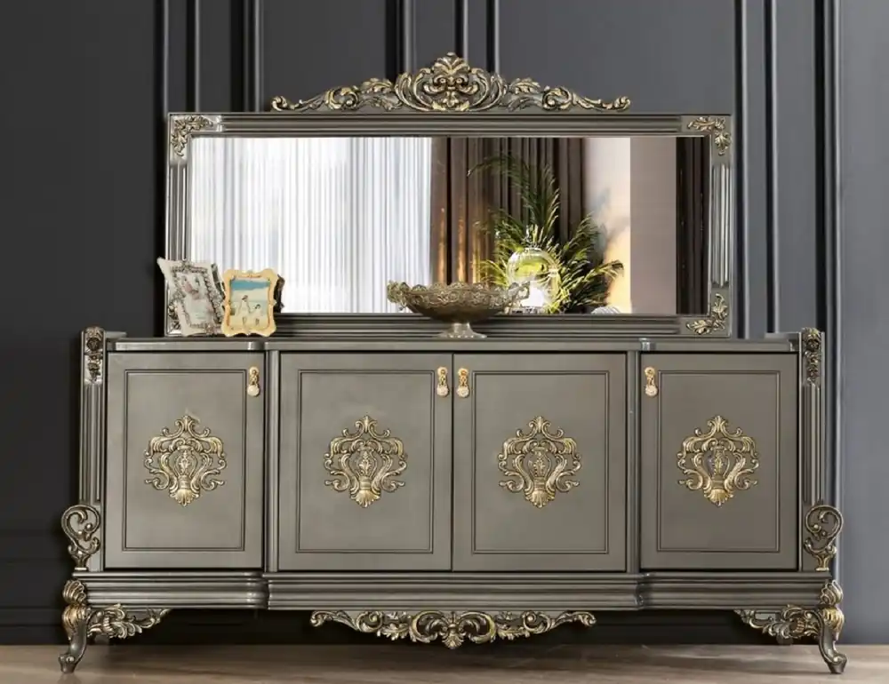 Casa Padrino Luxus Barock Möbel Set Grau / Gold - 1 Sideboard mit 4 Türen & 1 Spiegel - Edle Barock Möbel - Edel & Prunkvoll Rabatt