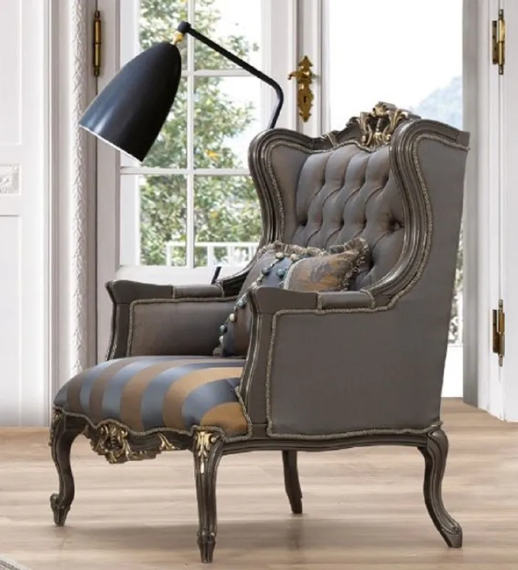 Casa Padrino Luxus Barock Ohrensessel Blau / Grau / Gold 75 x 83 x H. 115 cm - Prunkvoller handgefertigter Wohnzimmer Sessel mit dekorativem Kissen - Barock Wohnzimmer Möbel Jetzt Bestellen