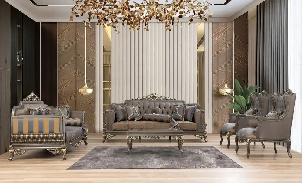 Jetzt Kaufen Casa Padrino Luxus Barock Wohnzimmer Set Blau / Grau / Gold - 2 Sofas & 2 Sessel & 1 Couchtisch - Prunkvolle Barock Wohnzimmer Möbel