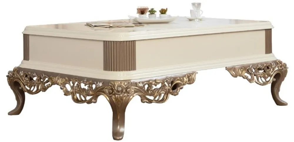 Sofort Bestellen Casa Padrino Luxus Barock Couchtisch Weiß / Braun / Gold 130 x 92 x H. 50 cm - Prunkvoller handgefertigter Wohnzimmertisch im Barockstil - Barock Möbel