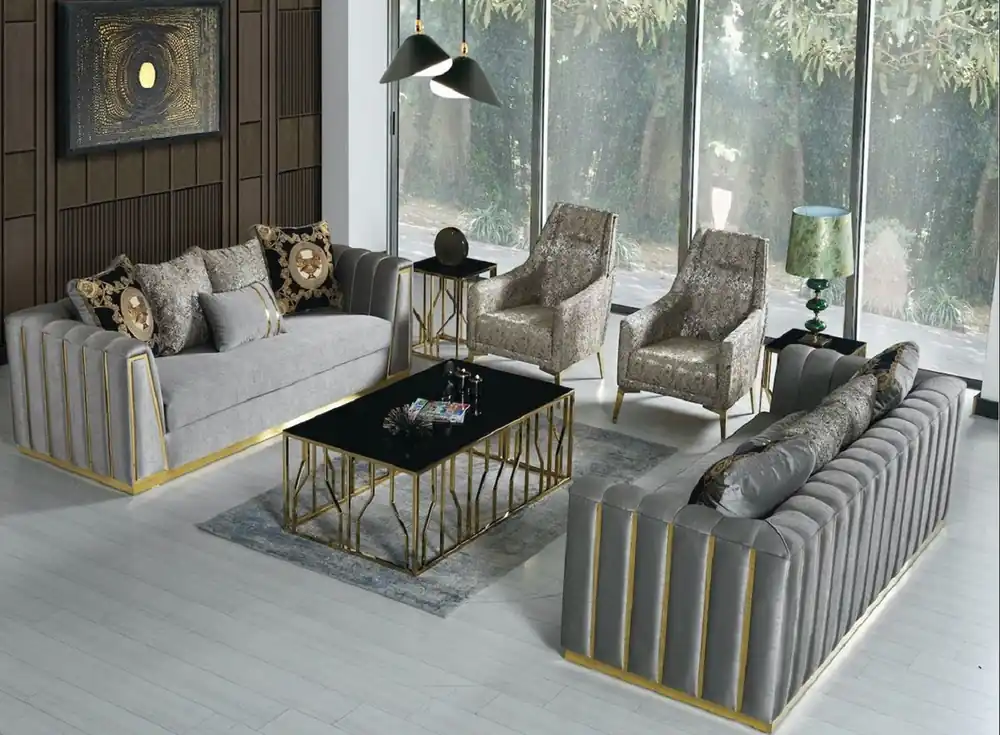 Casa Padrino Luxus Wohnzimmer Set Grau / Gold - 2 Sofas & 2 Sessel & 1 Couchtisch - Moderne Wohnzimmer Möbel - Luxus Qualität Solange Der Vorrat Reicht