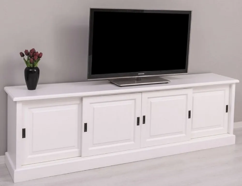 Casa Padrino Landhausstil TV Schrank Weiß 230 x 46 x H. 70 cm - Massivholz Sideboard - Landhausstil Wohnzimmer Möbel Top-Preis