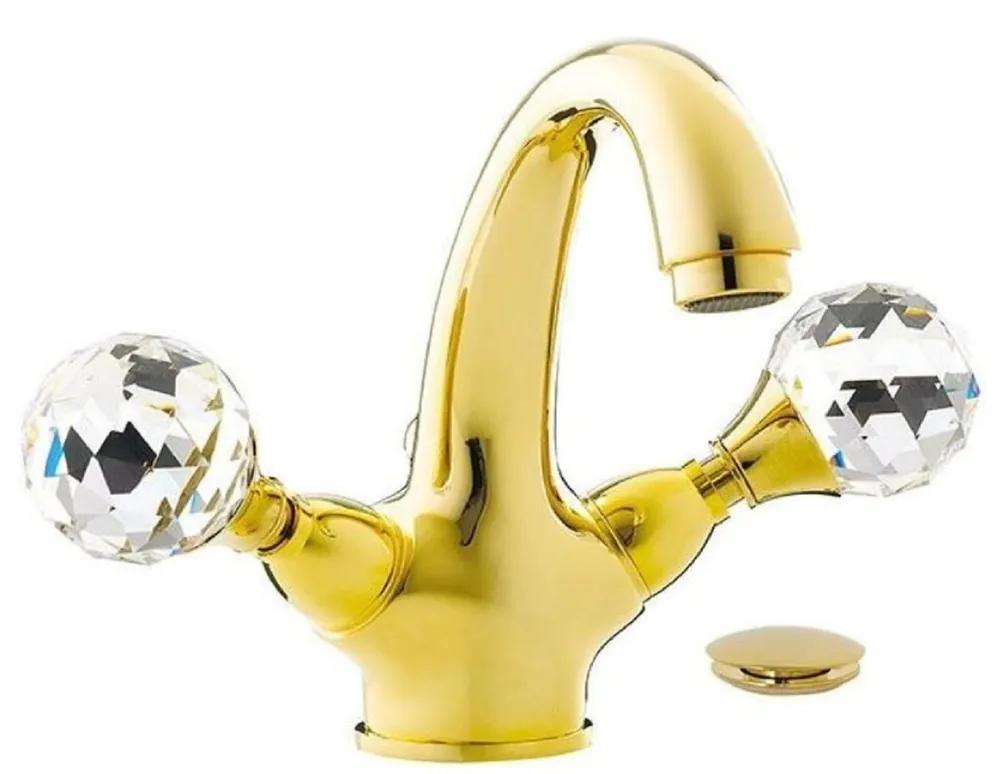 Casa Padrino Luxus Waschtisch Armatur mit Swarovski Kristallglas Gold H. 15 cm - Einlochbatterie mit Ablaufgarnitur - Luxus Bad Zubehör - Made in Italy Top-Angebot