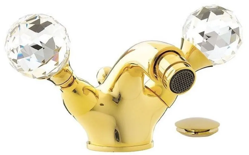 Casa Padrino Luxus Badewannen Armatur mit Swarovski Kristallglas Gold H. 7 cm - Einlochbatterie mit Ablaufgarnitur - Luxus Bad Zubehör - Made in Italy Markenware