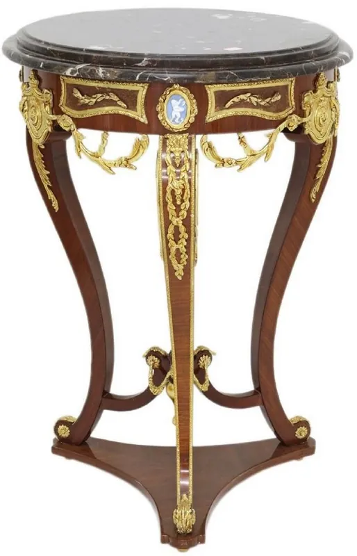 Ausverkauf Casa Padrino Barock Beistelltisch Braun / Gold / Schwarz Ø 55 x H. 78 cm - Runder Massivholz Tisch im Barockstil - Barock Wohnzimmer Möbel