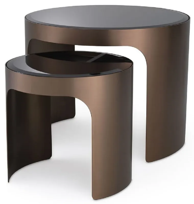 Geprüft Casa Padrino Luxus Beistelltisch Set Kupferfarben / Schwarz - 2 runde Edelstahl Tische mit abgeschrägten Glasplatten - Luxus Wohnzimmer Möbel