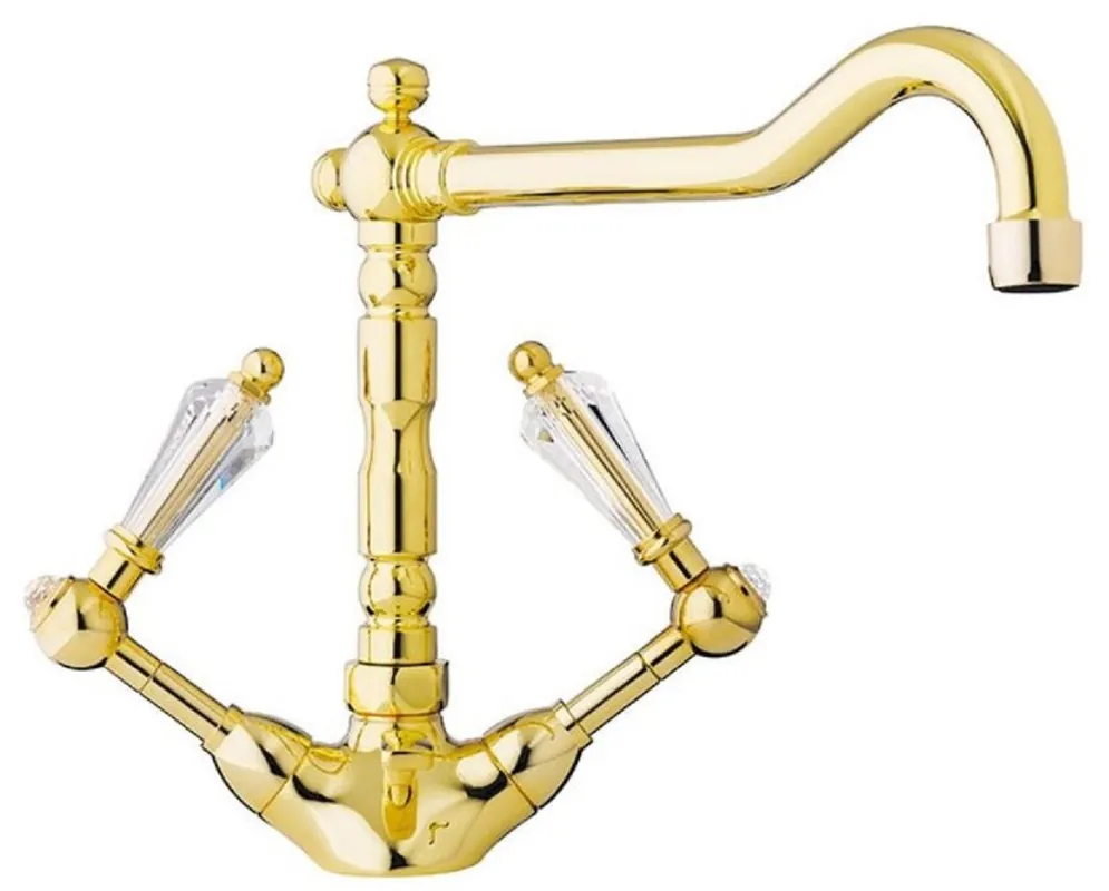 Casa Padrino Luxus Jugendstil Waschtisch Armatur mit Swarovski Kristallglas Gold H. 23,5 cm - Nostalgisches Bad Zubehör - Luxus Qualität - Made in Italy Preis Gesenkt