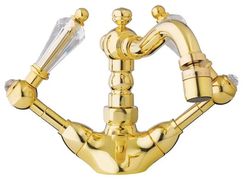 Geprüft Casa Padrino Luxus Jugendstil Waschtisch Armatur mit Swarovski Kristallglas Gold H. 14,5 cm - Nostalgisches Bad Zubehör - Luxus Qualität - Made in Italy