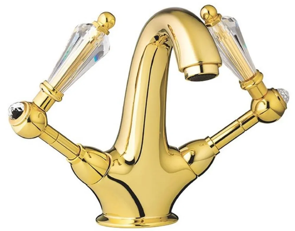 Casa Padrino Luxus Jugendstil Waschtisch Armatur mit Swarovski Kristallglas Gold H. 17,5 cm - Nostalgisches Bad Zubehör - Luxus Qualität - Made in Italy Preisreduziert