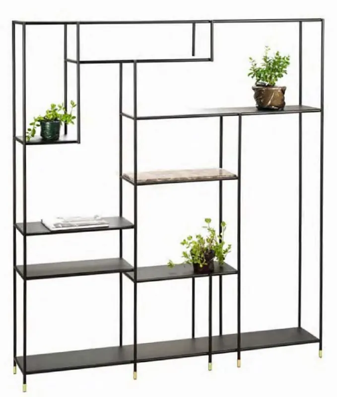 Preisreduziert Casa Padrino Luxus Metall Regalschrank mit Emperador Marmorplatte Schwarz / Grau / Messingfarben 180 x 30 x H. 200 cm - Wohnzimmerschrank - Bücherschrank - Metall Möbel