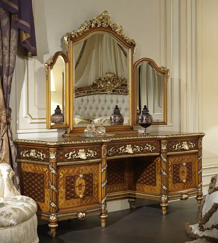 Casa Padrino Luxus Barock Kommode mit Spiegel Braun / Gold - Prunkvoller handgefertigter Schminktisch mit Wandspiegel - Hotel Möbel - Schloss Möbel - Luxus Qualität - Made in Italy Preis Gesenkt