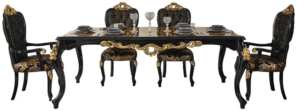 Meistverkauft Casa Padrino Luxus Barock Esszimmer Set Braun / Schwarz / Gold - 1 Esstisch mit Tischplatte in Marmoroptik & 6 Esszimmerstühle - Prunkvolle Esszimmer Möbel im Barockstil