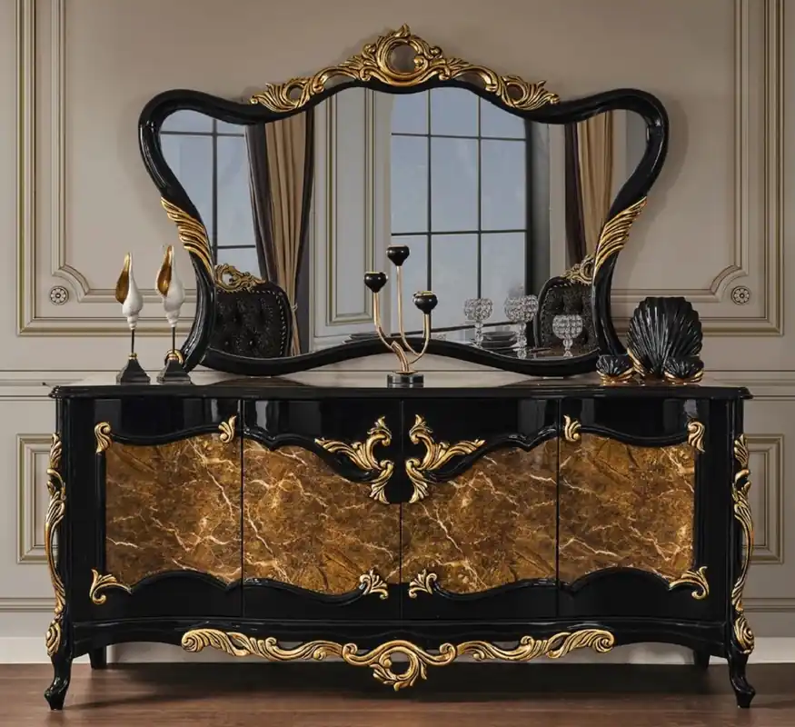 Neue Ware Casa Padrino Luxus Barock Möbel Set Sideboard mit Spiegel Braun / Schwarz / Gold - Prunkvoller Massivholz Schrank mit 4 Türen und elegantem Wandspiegel - Möbel im Barockstil