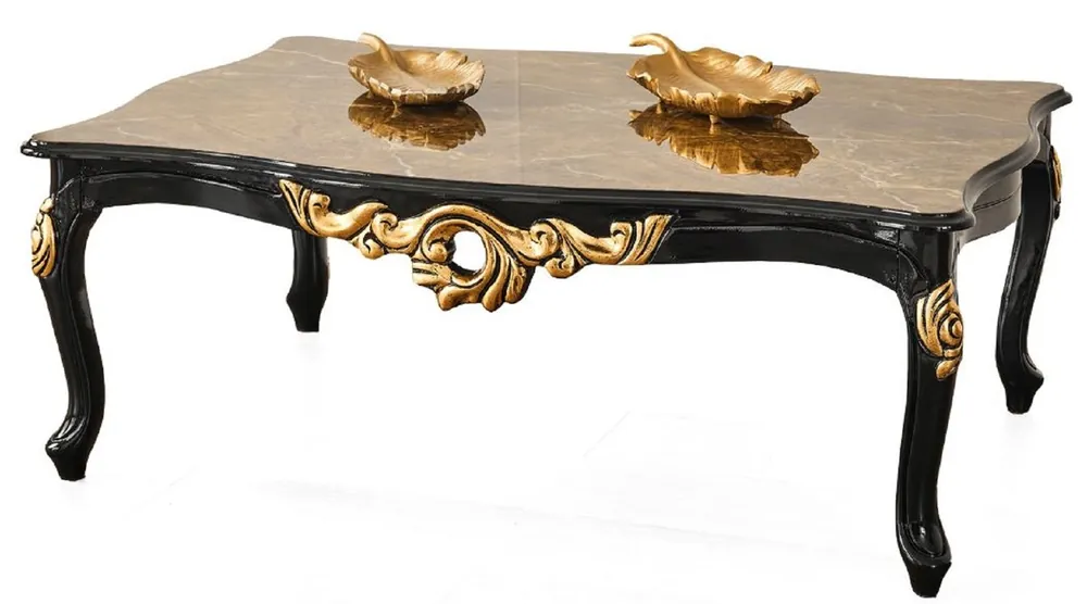 Casa Padrino Luxus Barock Couchtisch Braun / Schwarz / Gold 117 x 77 x H. 46 cm - Prunkvoller Massivholz Wohnzimmertisch mit Tischplatte in Marmoroptik - Barock Möbel Neue Ware