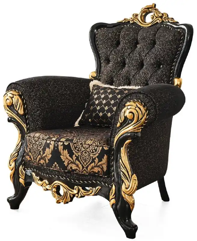 Top-Seller Casa Padrino Luxus Barock Sessel Schwarz / Gold 103 x 80 x H. 126 cm - Prunkvoller Wohnzimmer Sessel mit Muster und dekorativem Kissen - Barock Wohnzimmer Möbel