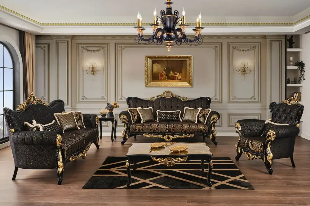 Finale Aktion Casa Padrino Luxus Barock Wohnzimmer Set Braun / Schwarz / Gold - 2 Sofas & 2 Sessel & 1 Couchtisch & 2 Beistelltische - Wohnzimmer Möbel im Barockstil - Edel & Prunkvoll
