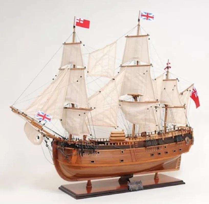 Casa Padrino Luxus Segelschiff HMS Endeavour mit Massivholz Ständer Braun 95 x 30 x H. 81 cm - Handgefertigtes Deko Schiff Holzschiff - Modellschiff - Deko Accessoires Direkt Vom Hersteller