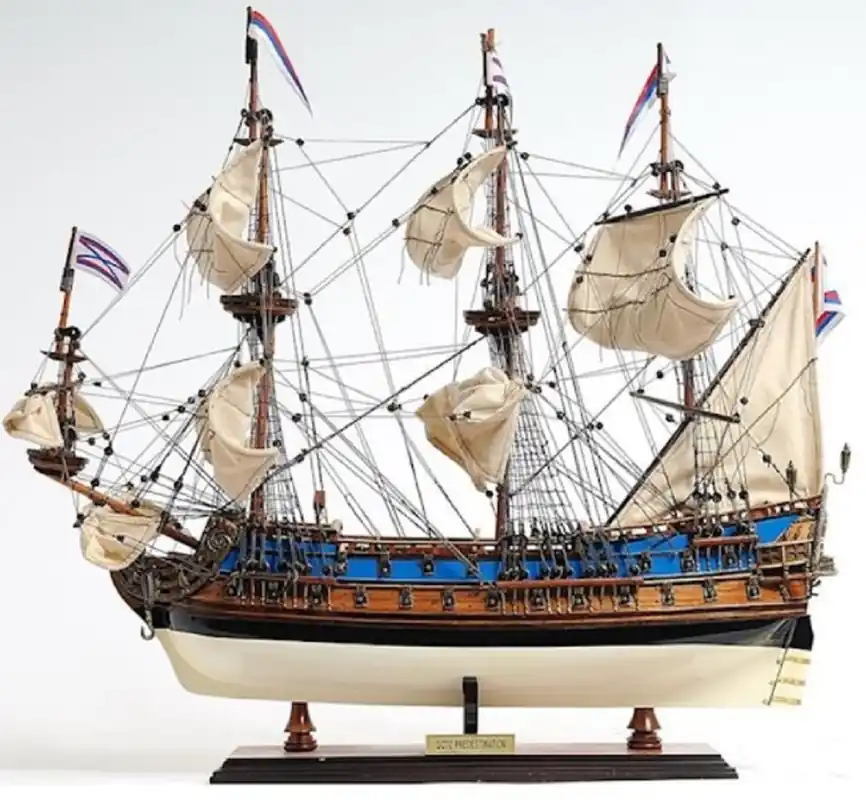 Super-Preis Casa Padrino Luxus Flaggschiff Goto Predestination mit Massivholz Ständer Blau / Braun / Schwarz / Weiß 56 x 15 x H. 48 cm - Handgefertigtes Deko Schiff - Holzschiff - Segelschiff - Modellschiff