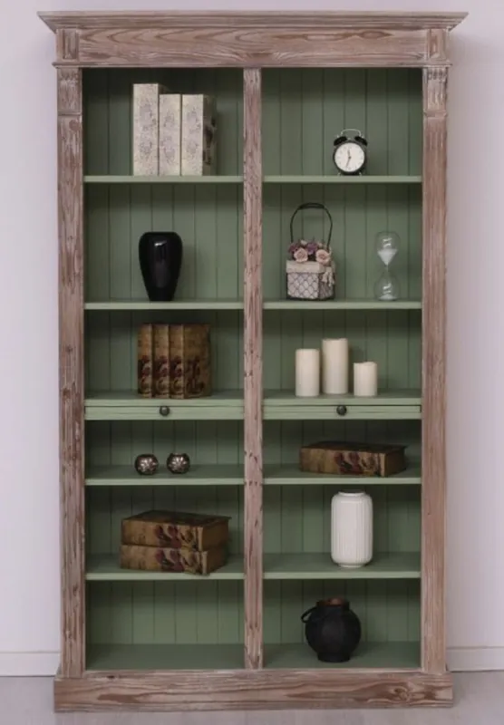 Casa Padrino Landhausstil Bücherschrank Braun / Grün 120 x 37 x H. 197 cm - Massivholz Schrank - Regalschrank - Wohnzimmerschrank - Landhausstil Möbel Finale Aktion