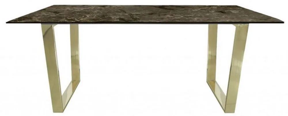 Sonderaktion Casa Padrino Luxus Esstisch Braun / Gold 180 x 90 x H. 75 cm - Rechteckiger Esszimmertisch mit synthetischer Marmorplatte und Stahlbeinen - Esszimmer Möbel