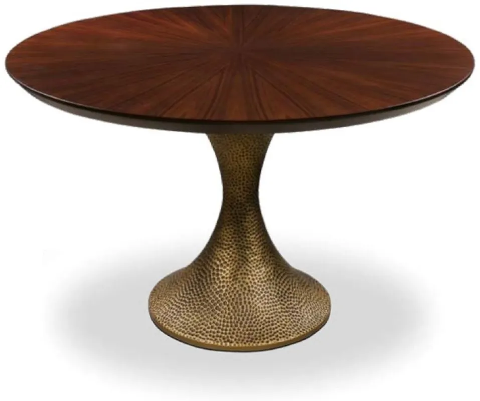 Casa Padrino Luxus Esstisch Braun / Antik Gold Ø 200 x H. 76 cm - Runder Küchentisch mit edler Eichenfurnier Tischplatte und Tischbein in gehämmerter Optik - Luxus Esszimmmer Möbel Super-Preis