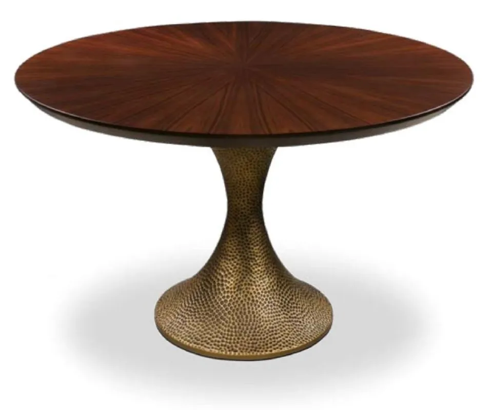 Direktkauf Casa Padrino Luxus Esstisch Braun / Antik Gold Ø 160 x H. 76 cm - Runder Küchentisch mit edler Eichenfurnier Tischplatte und Tischbein in gehämmerter Optik - Luxus Esszimmmer Möbel