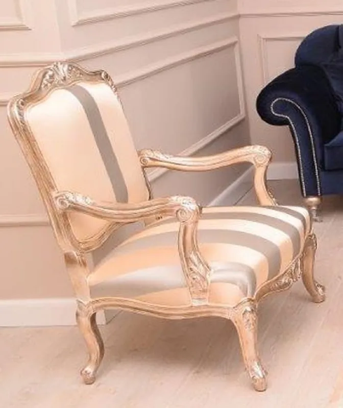 Zertifiziert Casa Padrino Luxus Barock Sessel Beige / Silber / Gold - Prunkvoller Wohnzimmer Sessel mit Streifen - Barock Wohnzimmer Möbel - Edel & Prunkvoll