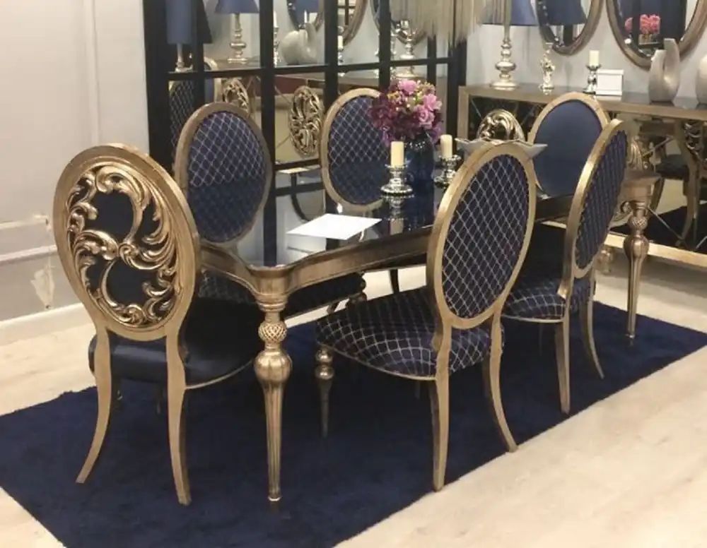 Preisknaller Casa Padrino Luxus Barock Esszimmer Set Blau / Antik Gold - 1 Esszimmertisch & 6 Esszimmerstühle - Barock Esszimmer Möbel - Edel & Prunkvoll
