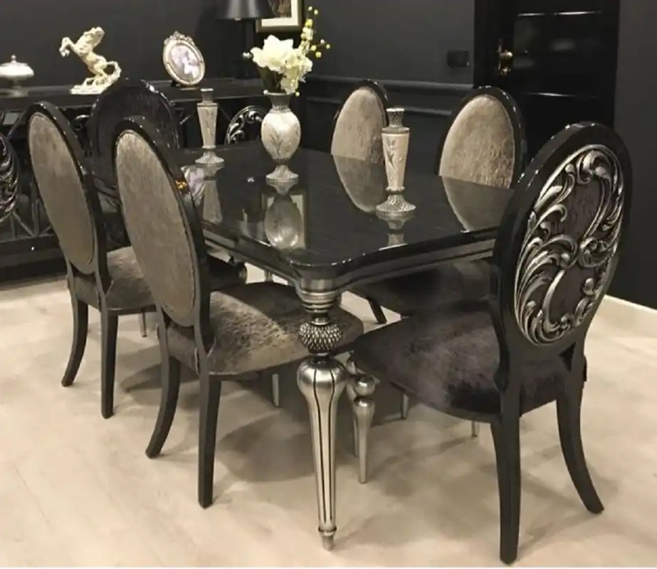 Meistverkauft Casa Padrino Luxus Barock Esszimmer Set Schwarz / Grau / Silber - 1 Esszimmertisch & 6 Esszimmerstühle - Barock Esszimmer Möbel - Edel & Prunkvoll