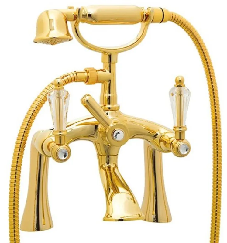 Casa Padrino Luxus Jugendstil Badewannenarmatur mit Swarovski Kristallglas Gold - Badewannen Armatur mit Handbrause - Nostalgisches Badezimmer Zubehör Direktkauf