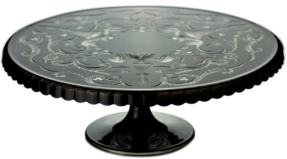 Casa Padrino Luxus Kuchenteller Schwarz / Silber Ø 32 x H. 12 cm - Handgefertigte und handgravierte Glas Kuchenplatte - Hotel & Restaurant Accessoires - Luxus Qualität Günstig