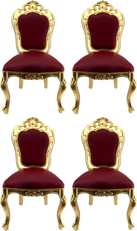 Casa Padrino Luxus Barock Esszimmerstuhl Set Bordeauxrot / Gold - 4 handgefertigte Esszimmerstühle mit Lederoptik - Barock Esszimmer Möbel Heißes Angebot