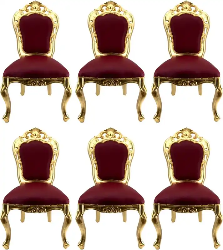 Preisknaller Casa Padrino Luxus Barock Esszimmerstuhl Set Bordeauxrot / Gold - 6 handgefertigte Esszimmerstühle mit Lederoptik - Barock Esszimmer Möbel