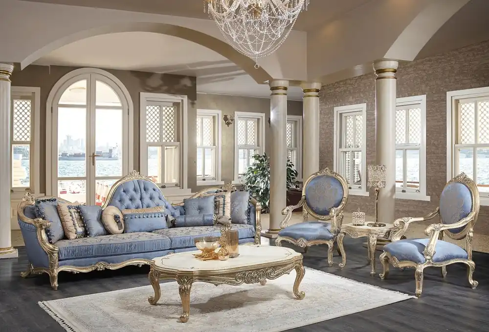 Casa Padrino Luxus Barock Wohnzimmer Set Hellblau / Weiß / Antik Gold - 2 Sofas & 2 Sessel & 1 Couchtisch & 2 Beistelltische - Barock Wohnzimmer Möbel - Edel & Prunkvoll Geprüft