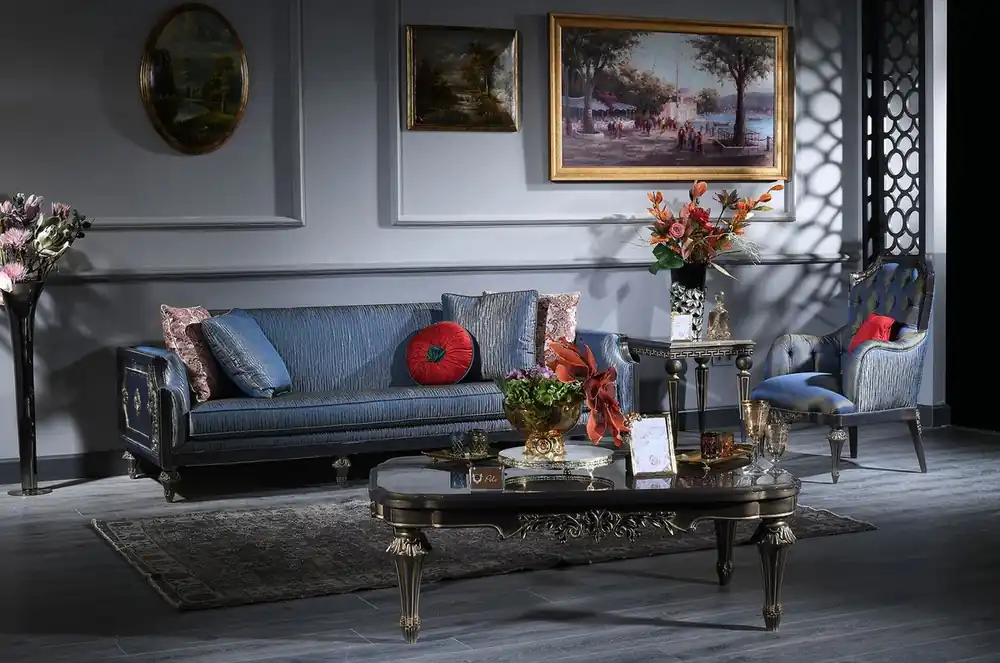 Casa Padrino Luxus Barock Wohnzimmer Set Blau / Gold - 2 Sofas & 2 Sessel & 1 Couchtisch & 2 Beistelltische - Prunkvolle Barock Möbel - Luxus Qualität Zertifiziert