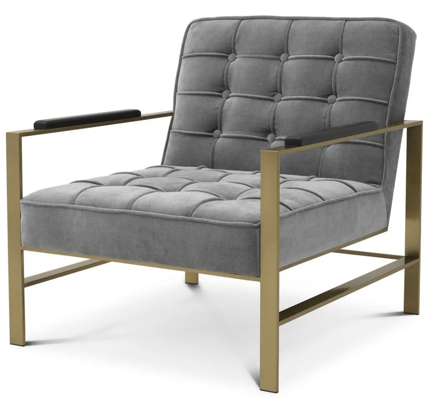 Casa Padrino Luxus Sessel Grau / Messingfarben / Schwarz 70,5 x 80,5 x H. 75 cm - Wohnzimmer Sessel mit Edelstahl Gestell - Luxus Wohnzimmer Möbel Sichere Zahlung