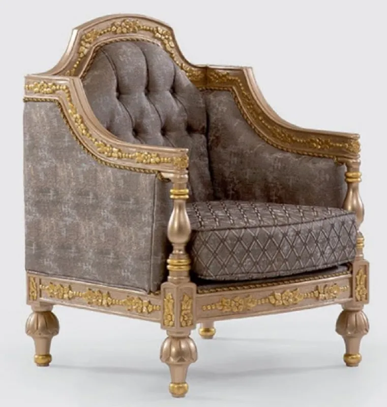 Casa Padrino Luxus Barock Sessel Grau / Silber / Gold - Prunkvoller Wohnzimmer Sessel mit elegantem Muster - Barock Möbel Nur Für Kurze Zeit