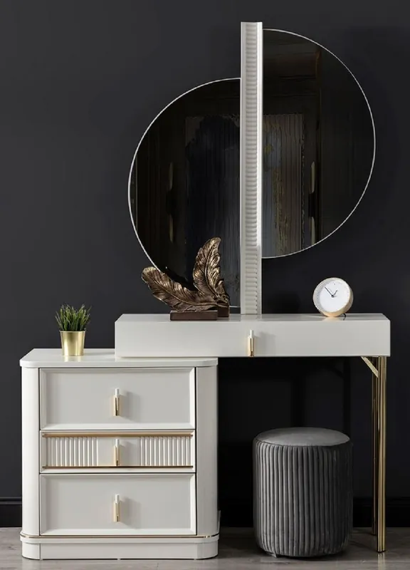 Casa Padrino Luxus Schlafzimmer Schminktisch Set Weiß / Gold / Grau - 1 Schminkkommode mit Spiegel & 1 Hocker - Luxus Schlafzimmer Möbel Highlight
